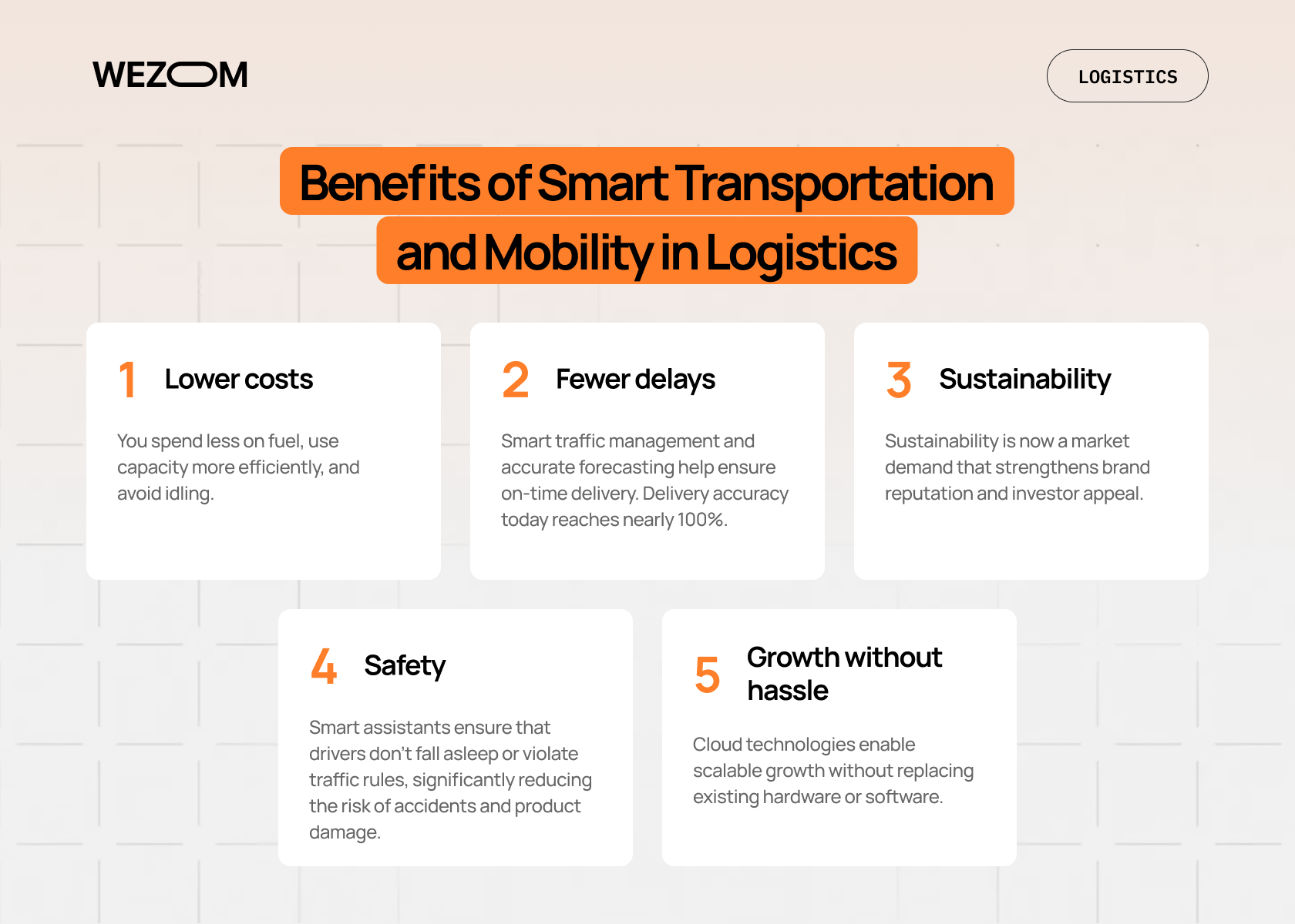 Benefits of smart transportation and mobility in logistics including lower costs, fewer delays, sustainability, safety, and scalable growth