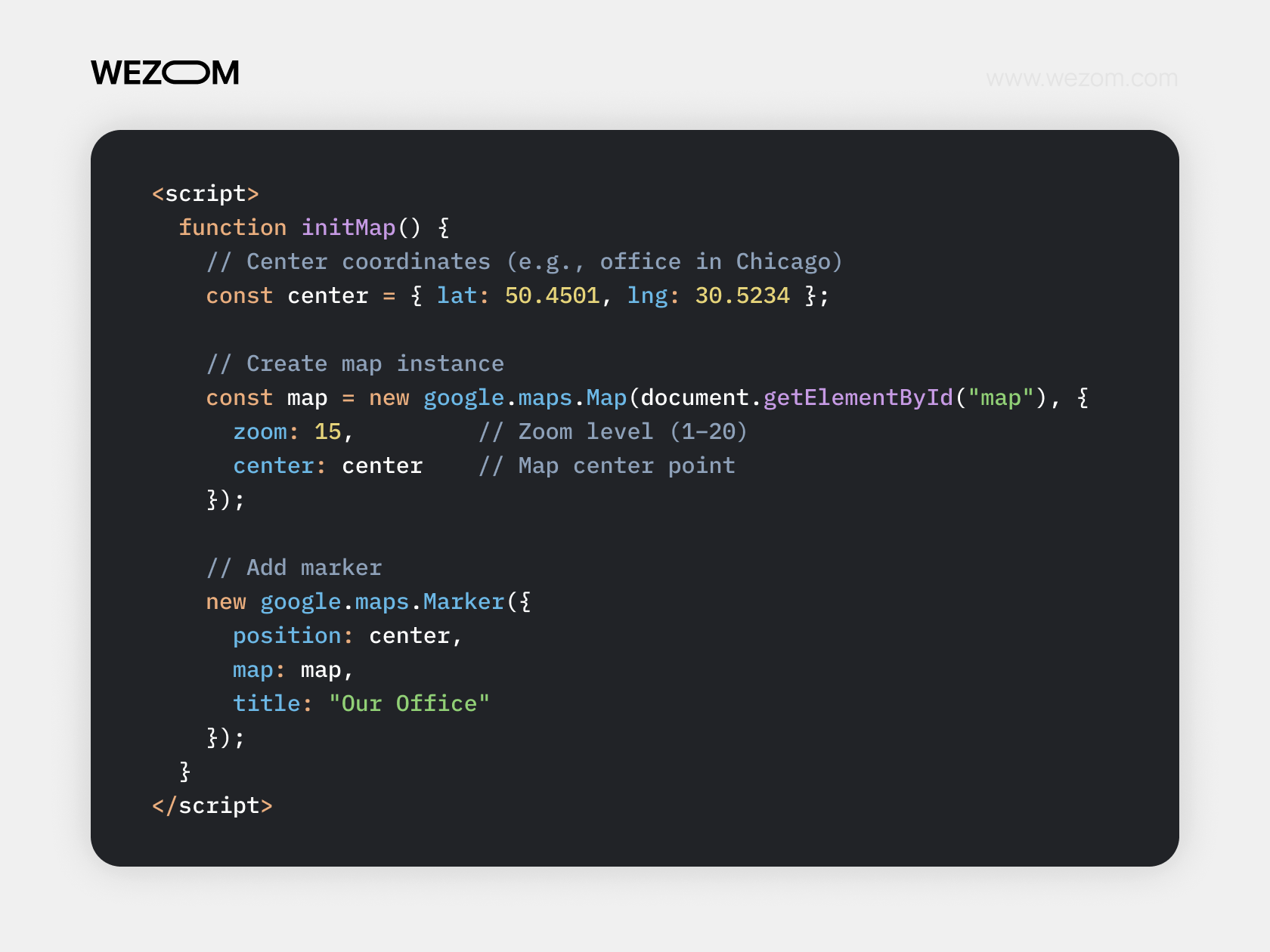 Google Map integration API example setting center coordinates and zoom for map instance