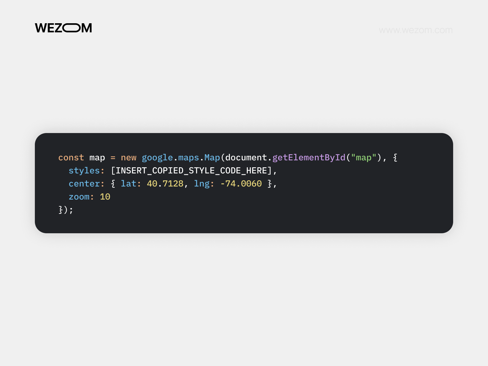 Styled Google Maps site integration with custom map center and zoom configuration