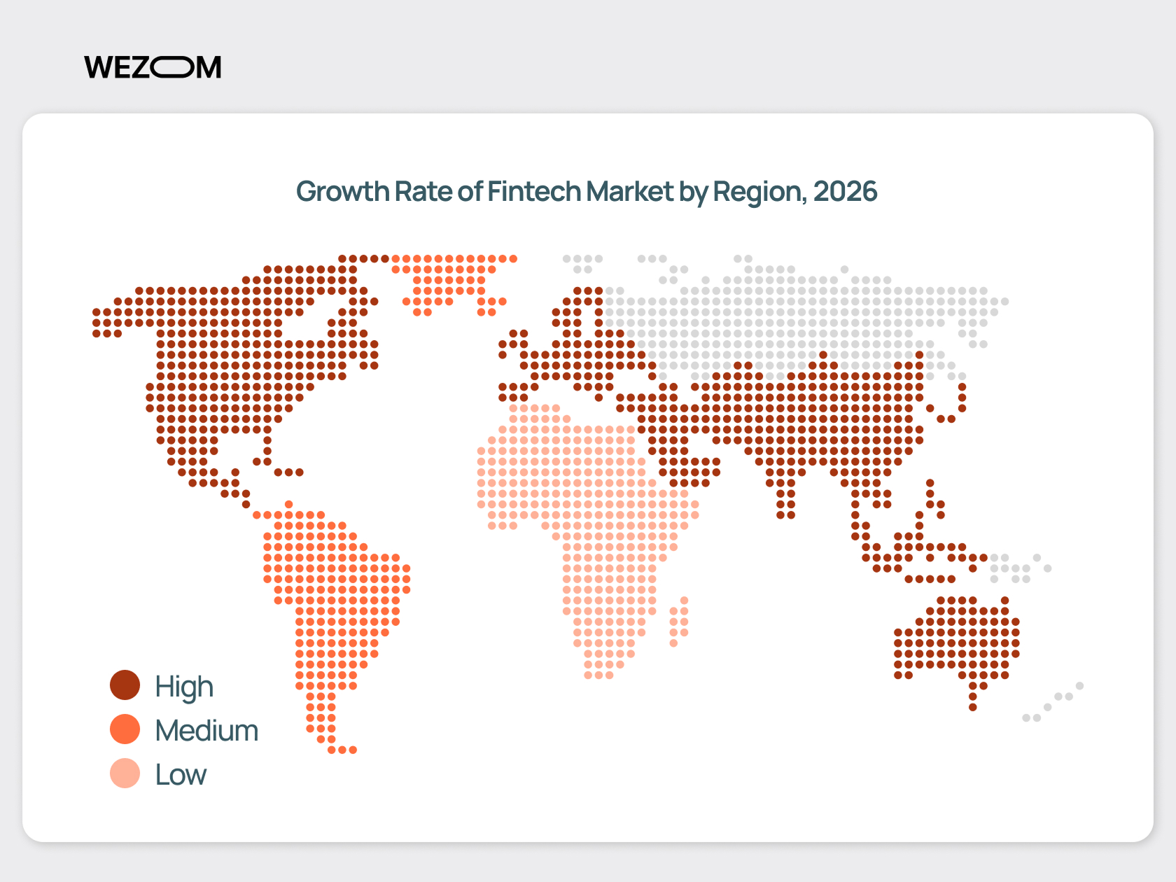 World map showing fintech market growth rate by region in 2026, highlighting high, medium, and low growth levels World map showing fintech market growth rate by region in 2026, highlighting high, medium, and low growth levels