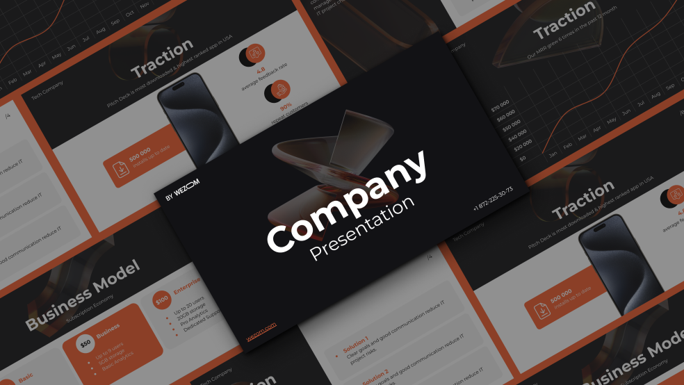 Business pitch deck presentation by WEZOM with traction metrics, business model, and app growth analytics — example of pitch deck design agency work